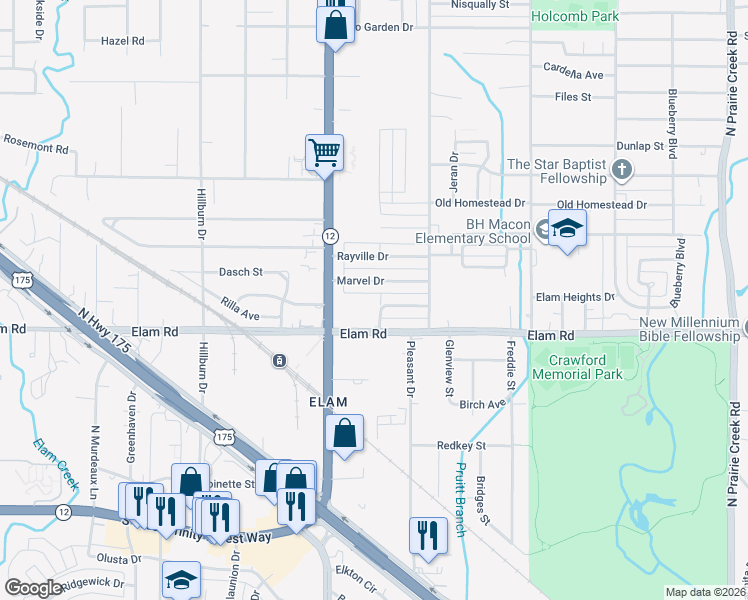map of restaurants, bars, coffee shops, grocery stores, and more near 8131 Wes Hodges Road in Dallas