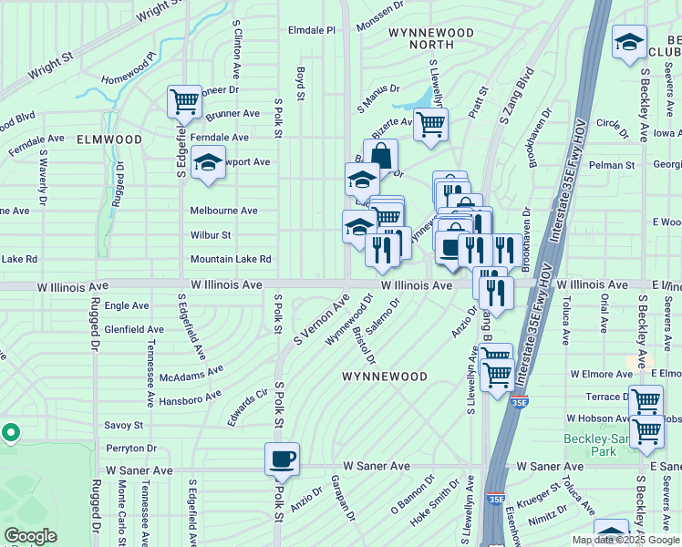 map of restaurants, bars, coffee shops, grocery stores, and more near 2511 South Vernon Avenue in Dallas