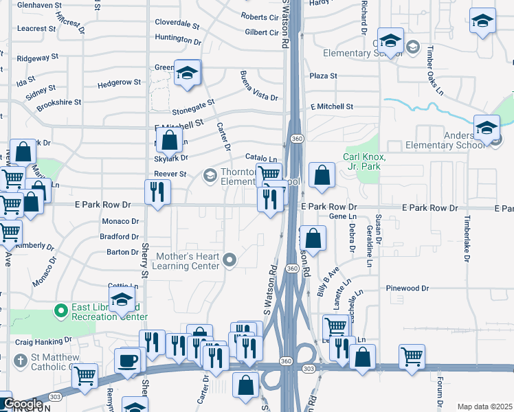 map of restaurants, bars, coffee shops, grocery stores, and more near 2411 East Park Row Drive in Arlington