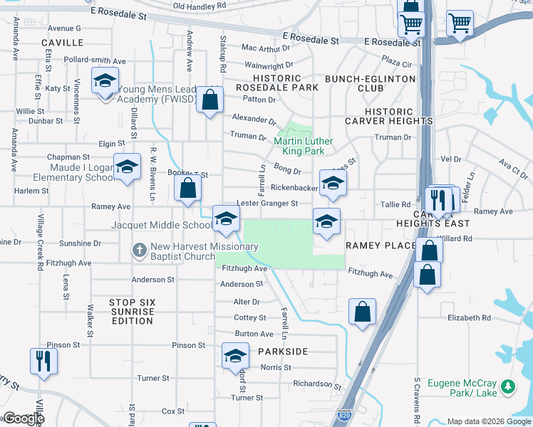 map of restaurants, bars, coffee shops, grocery stores, and more near 5608 Lester Granger Drive in Fort Worth