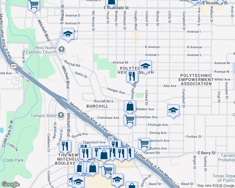 map of restaurants, bars, coffee shops, grocery stores, and more near 2928 Hanger Avenue in Fort Worth