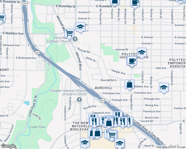map of restaurants, bars, coffee shops, grocery stores, and more near 2701 Hanger Avenue in Fort Worth