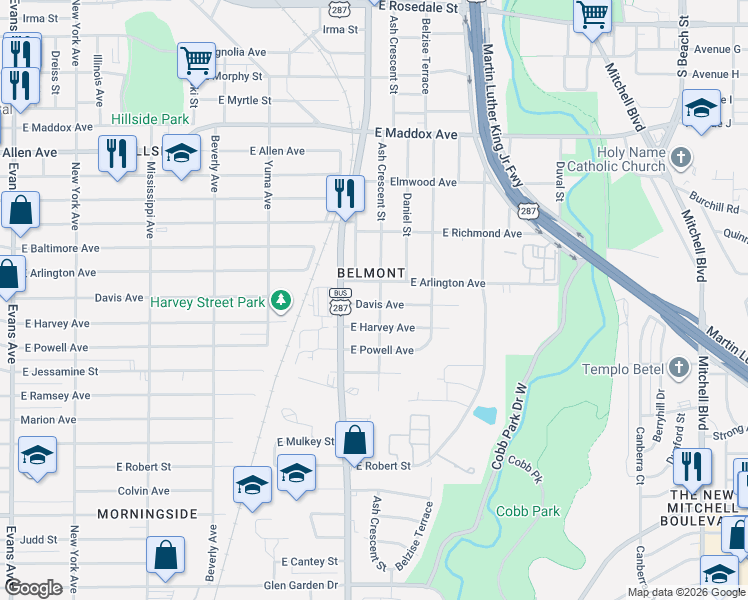 map of restaurants, bars, coffee shops, grocery stores, and more near 1609 Davis Avenue in Fort Worth
