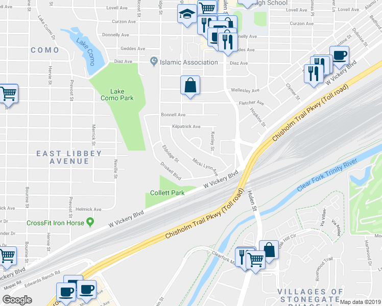 map of restaurants, bars, coffee shops, grocery stores, and more near 4008 Sanguinet Street in Fort Worth