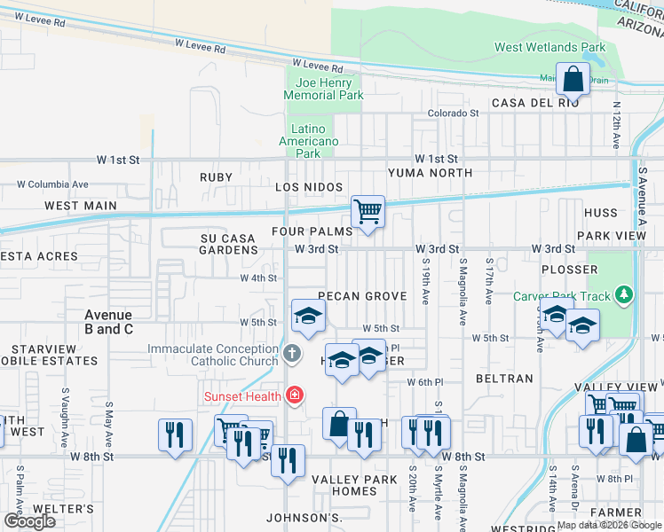 map of restaurants, bars, coffee shops, grocery stores, and more near 301 S 24th Ave in Yuma