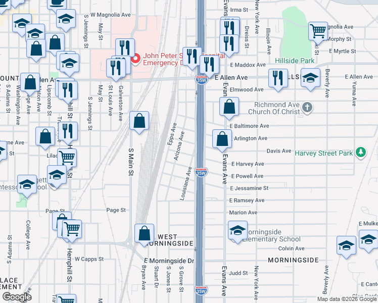 map of restaurants, bars, coffee shops, grocery stores, and more near 719 East Harvey Avenue in Fort Worth