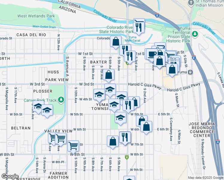map of restaurants, bars, coffee shops, grocery stores, and more near 337 South 6th Avenue in Yuma