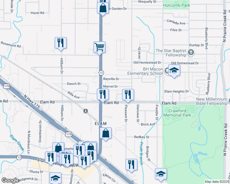 map of restaurants, bars, coffee shops, grocery stores, and more near 8131 Wes Hodges Road in Dallas