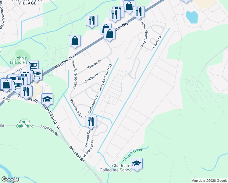map of restaurants, bars, coffee shops, grocery stores, and more near 1907 Halle Road in Johns Island