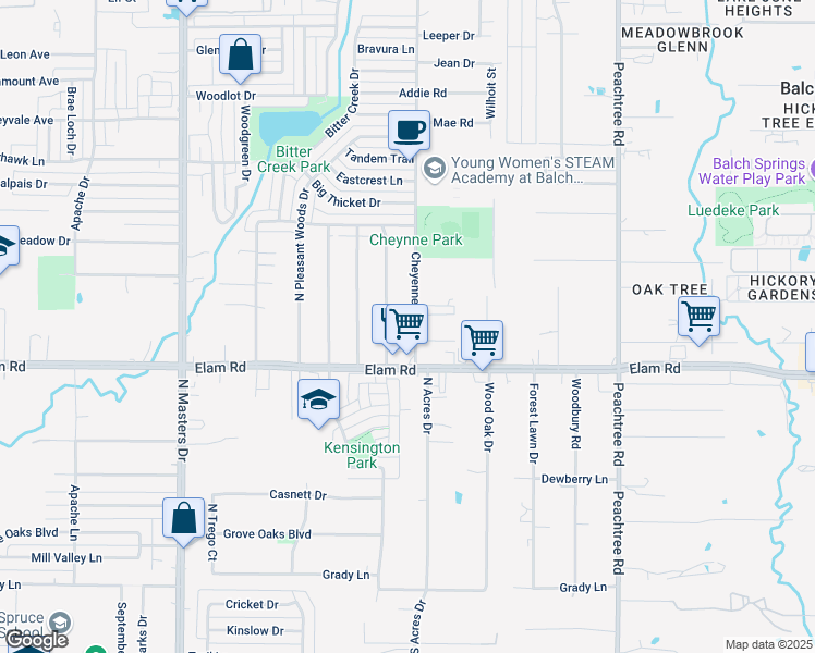 map of restaurants, bars, coffee shops, grocery stores, and more near 544 Cheyenne Road in Dallas