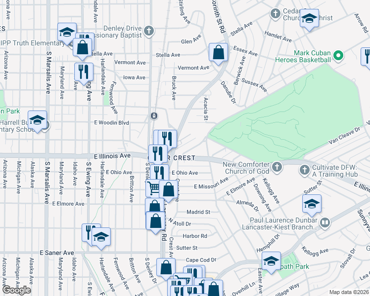 map of restaurants, bars, coffee shops, grocery stores, and more near 1523 Southerland Avenue in Dallas