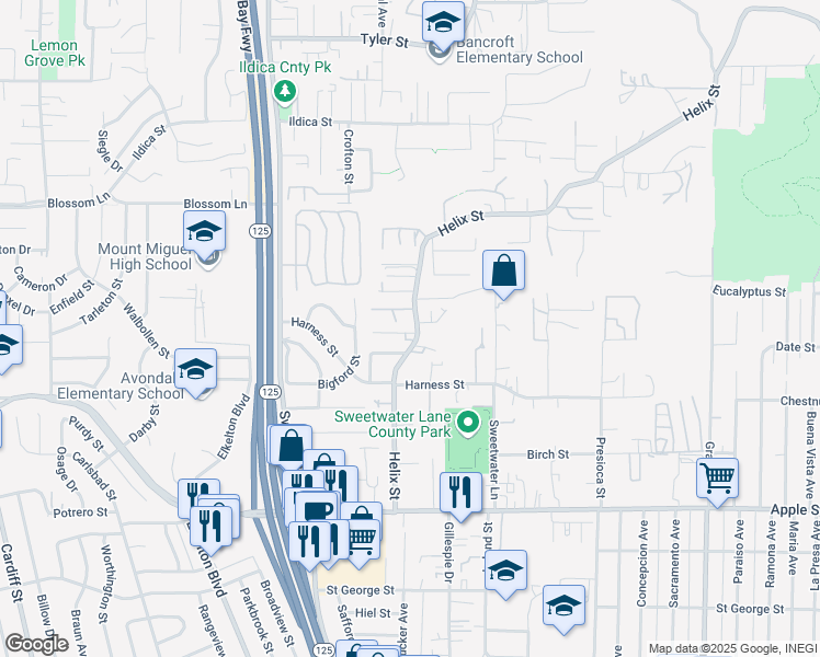 map of restaurants, bars, coffee shops, grocery stores, and more near 1642 Helix Street in Spring Valley