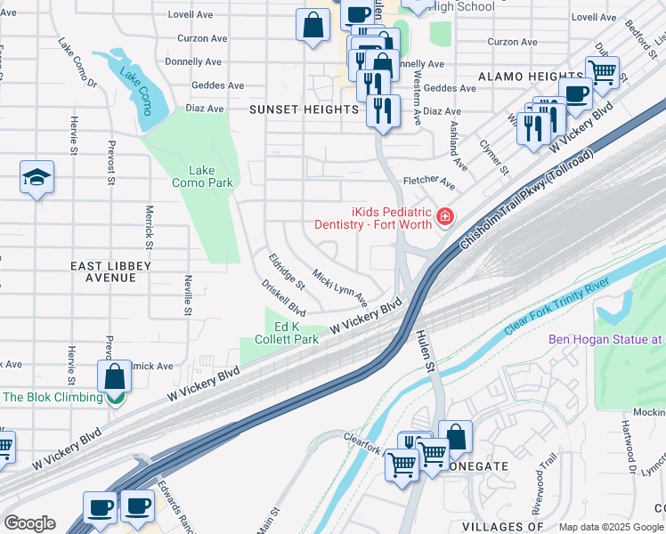 map of restaurants, bars, coffee shops, grocery stores, and more near 4008 Sanguinet Street in Fort Worth