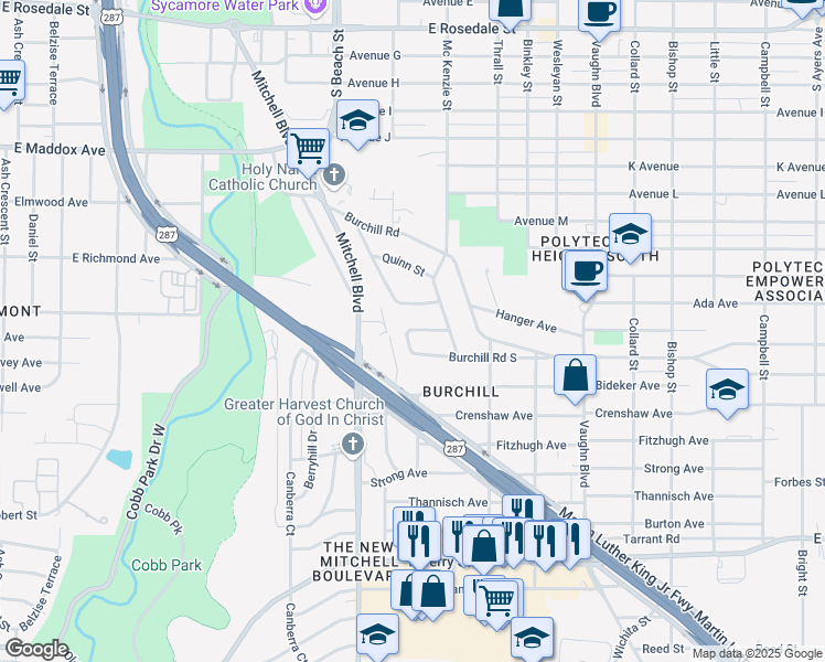 map of restaurants, bars, coffee shops, grocery stores, and more near 1418 Hanger Avenue in Fort Worth