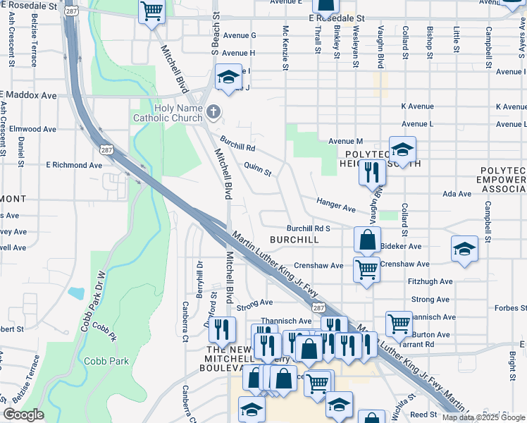 map of restaurants, bars, coffee shops, grocery stores, and more near 1418 Hanger Avenue in Fort Worth