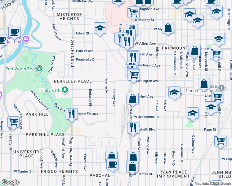 map of restaurants, bars, coffee shops, grocery stores, and more near 2131 Stanley Avenue in Fort Worth