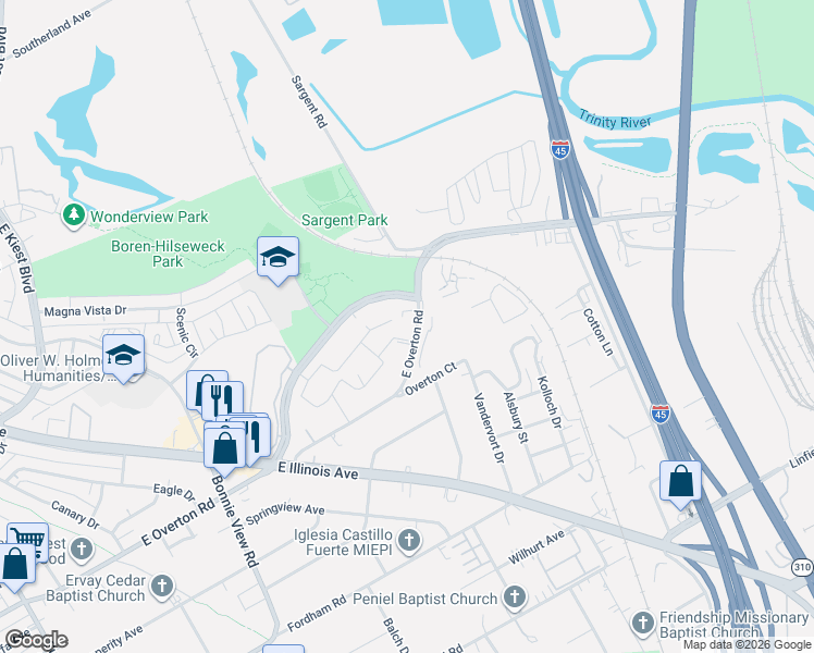 map of restaurants, bars, coffee shops, grocery stores, and more near 3503 East Overton Road in Dallas
