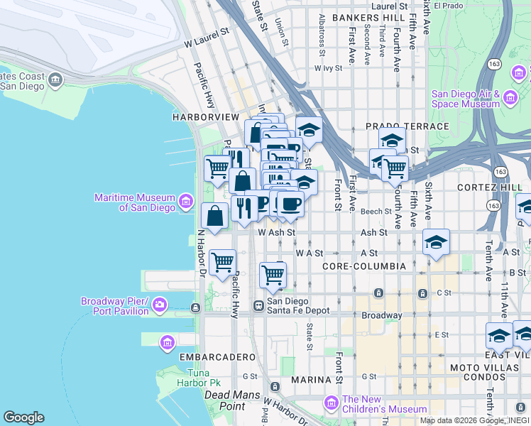 map of restaurants, bars, coffee shops, grocery stores, and more near Kettner Boulevard & West Beech Street in San Diego