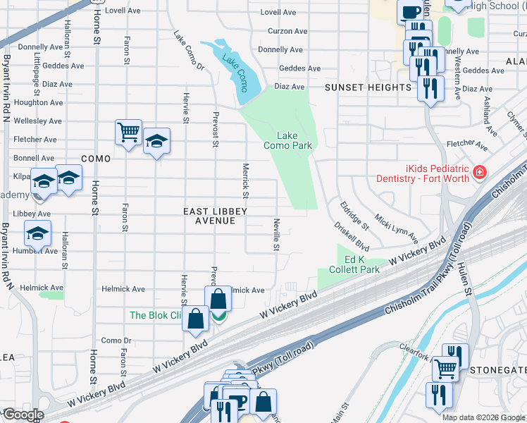 map of restaurants, bars, coffee shops, grocery stores, and more near 5116 Libbey Avenue in Fort Worth