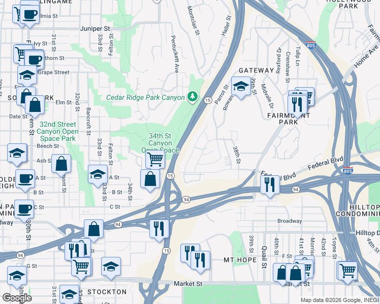 map of restaurants, bars, coffee shops, grocery stores, and more near 1480 Bridgeview Drive in San Diego
