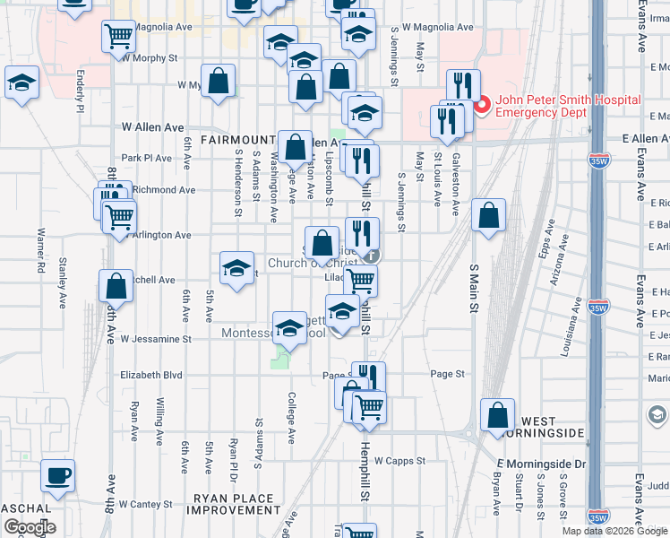 map of restaurants, bars, coffee shops, grocery stores, and more near 2104 Lipscomb Street in Fort Worth
