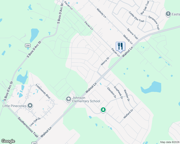 map of restaurants, bars, coffee shops, grocery stores, and more near 1105 Almond Drive in Forney