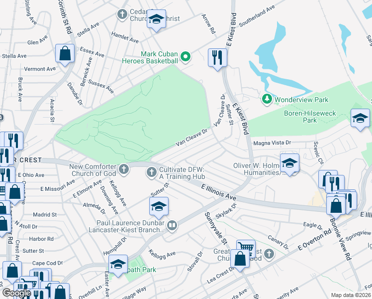 map of restaurants, bars, coffee shops, grocery stores, and more near 2601 Bonnie View Road in Dallas