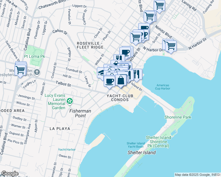 map of restaurants, bars, coffee shops, grocery stores, and more near Rosecrans Street & Upshur Street in San Diego