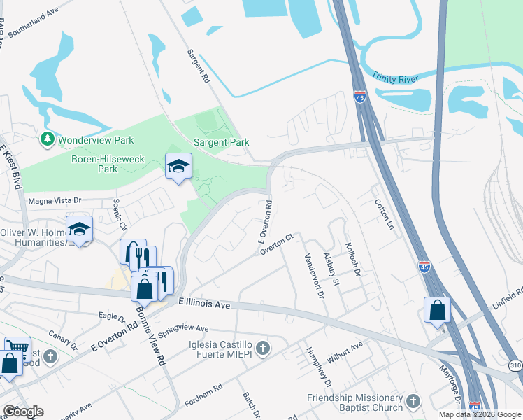 map of restaurants, bars, coffee shops, grocery stores, and more near 3515 Overton Court in Dallas