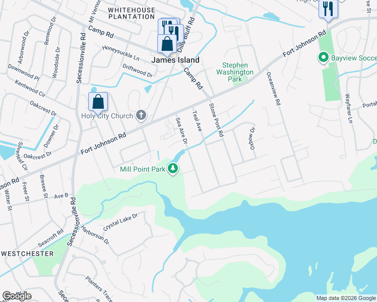 map of restaurants, bars, coffee shops, grocery stores, and more near 1299 Sea Aire Drive in Charleston