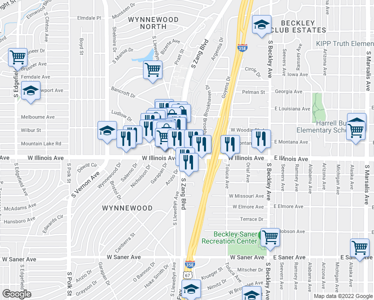 map of restaurants, bars, coffee shops, grocery stores, and more near 2242 South Zang Boulevard in Dallas