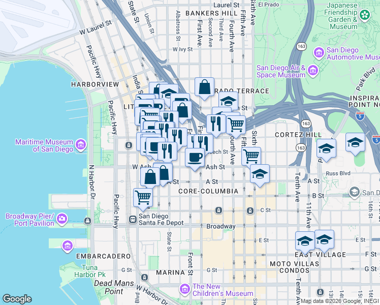 map of restaurants, bars, coffee shops, grocery stores, and more near Front St & W Beech St in San Diego