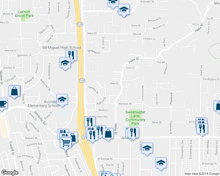 map of restaurants, bars, coffee shops, grocery stores, and more near 8712 Helix Vista Drive in Spring Valley