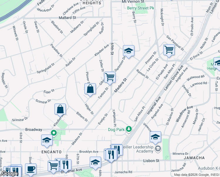 map of restaurants, bars, coffee shops, grocery stores, and more near 1525 Tarbox Street in San Diego