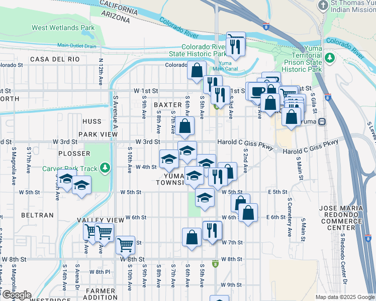 map of restaurants, bars, coffee shops, grocery stores, and more near 337 South 6th Avenue in Yuma