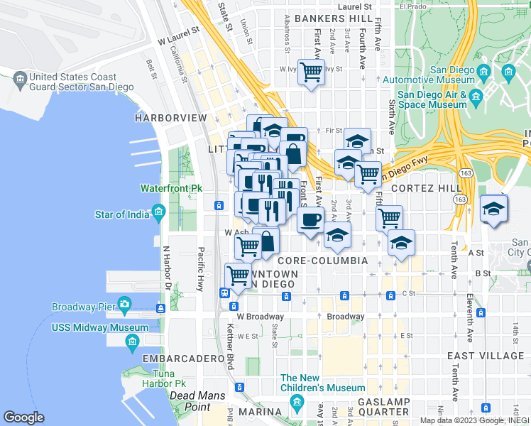 map of restaurants, bars, coffee shops, grocery stores, and more near 1500 State Street in San Diego