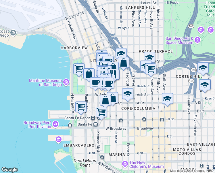 map of restaurants, bars, coffee shops, grocery stores, and more near 1445 India Street in San Diego