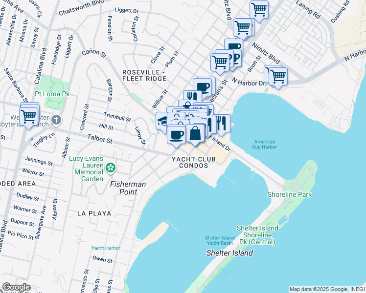 map of restaurants, bars, coffee shops, grocery stores, and more near 1050 Rosecrans Street in San Diego