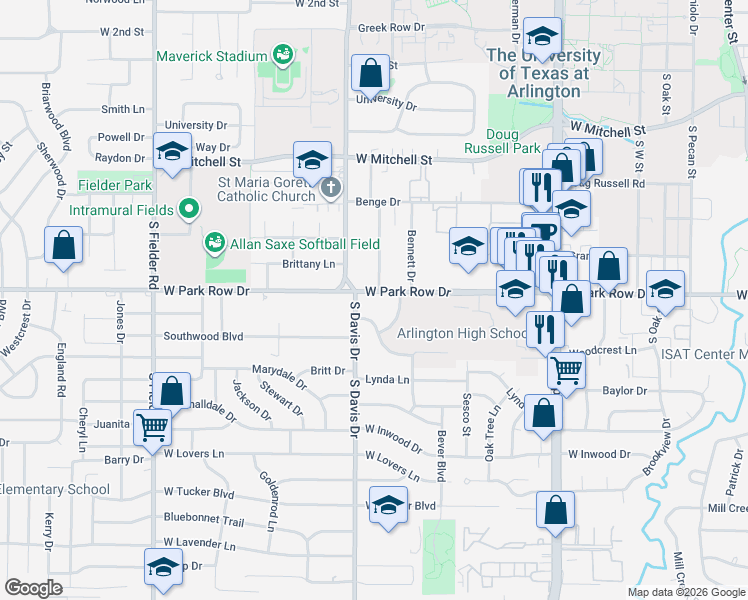 map of restaurants, bars, coffee shops, grocery stores, and more near 1118 West Park Row Drive in Arlington