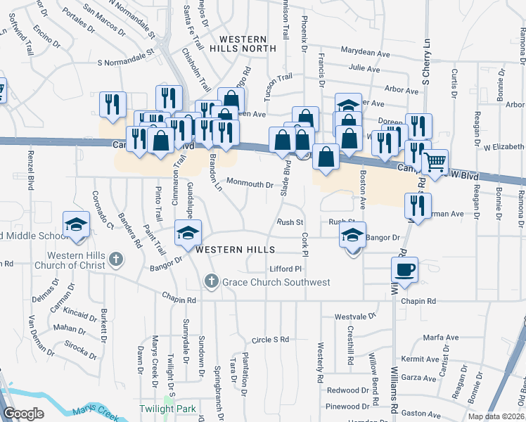 map of restaurants, bars, coffee shops, grocery stores, and more near 3520 Valencia Court in Fort Worth
