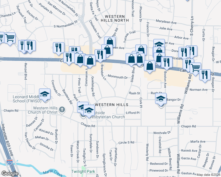 map of restaurants, bars, coffee shops, grocery stores, and more near 3528 Brandon Lane in Fort Worth