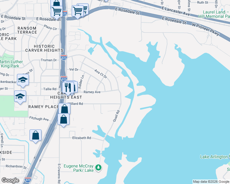map of restaurants, bars, coffee shops, grocery stores, and more near 6524 Ramey Avenue in Fort Worth