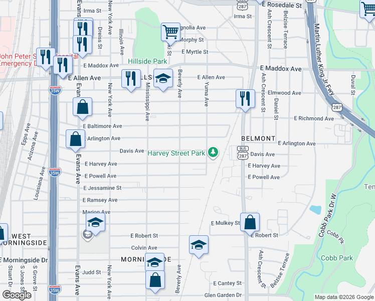 map of restaurants, bars, coffee shops, grocery stores, and more near 1315 Davis Avenue in Fort Worth