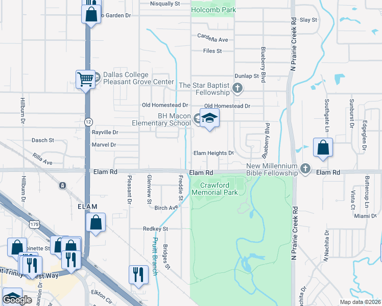map of restaurants, bars, coffee shops, grocery stores, and more near Holcomb Rd & Elam Heights Dr in Dallas
