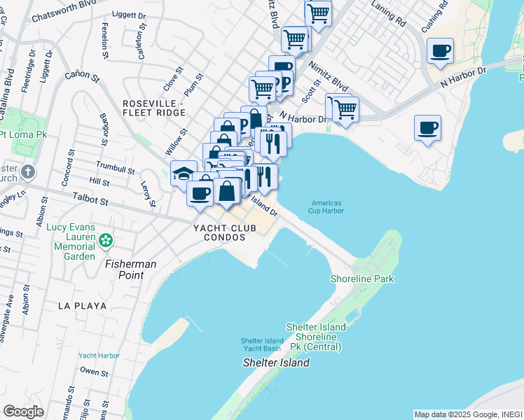 map of restaurants, bars, coffee shops, grocery stores, and more near 2700 Shelter Island Drive in San Diego