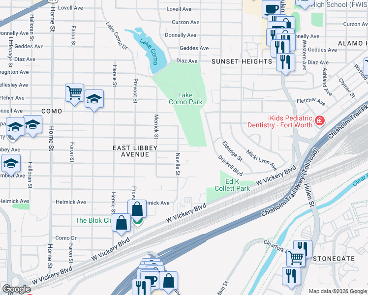map of restaurants, bars, coffee shops, grocery stores, and more near 5030 Libbey Avenue in Fort Worth