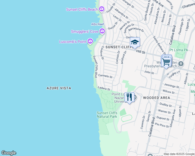 map of restaurants, bars, coffee shops, grocery stores, and more near 763 Sunset Cliffs Boulevard in San Diego
