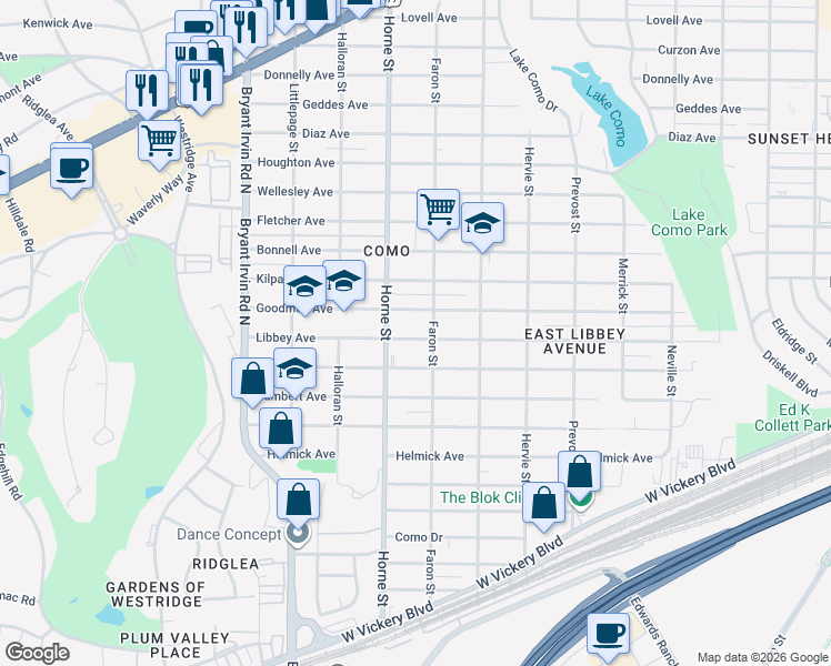 map of restaurants, bars, coffee shops, grocery stores, and more near 5612 Libbey Avenue in Fort Worth