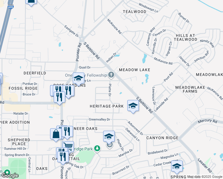 map of restaurants, bars, coffee shops, grocery stores, and more near 3520 Platte Drive in Balch Springs