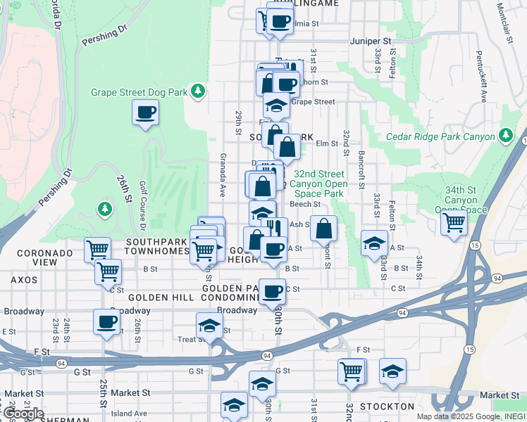 map of restaurants, bars, coffee shops, grocery stores, and more near 1436 30th Street in San Diego